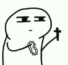 a cartoon character is holding a cross and a rosary .
