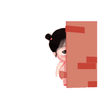 a little girl peeking out from behind a red brick wall with the words hello written above her