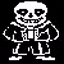 a black and white pixel art of sans from undertale standing on a black background .
