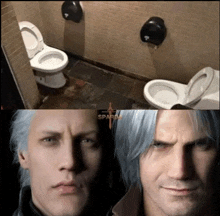 two men are standing next to each other in a bathroom with two toilets and a sign that says sparda