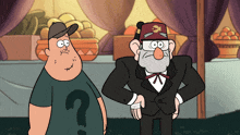 a man with a question mark on his shirt stands next to a man in a suit and hat