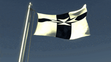 a black and white flag with a cross on it is flying in the wind
