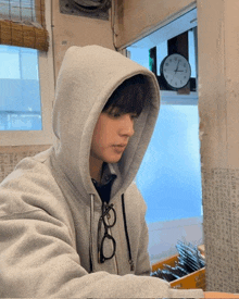 a man wearing a hooded sweatshirt and glasses is sitting in front of a clock that shows the time as 4:20