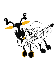 a black and white drawing of a sheep with a yellow ear