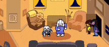 a pixel art illustration of a living room with a skeleton , a goat , and a girl .