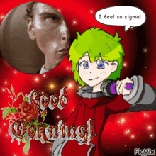 a picture of a boy with green hair and the words good morning