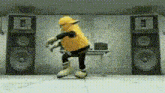 a cartoon character is dancing in front of a wall of speakers