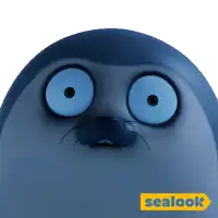 a seal with big blue eyes and a yellow sealok logo