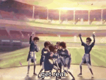 a group of young boys are dancing in a stadium with the words get real written below them