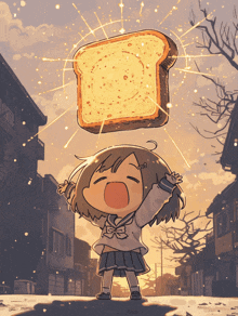 a cartoon girl is holding a slice of bread over her head