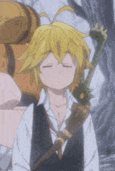 a cartoon character with his eyes closed and a sword