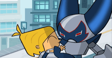 a cartoon drawing of a man and a robot with a building in the background that says ' hill '