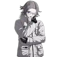 a black and white drawing of a girl with glasses and a jacket