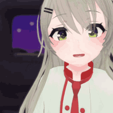 a close up of a girl 's face with green eyes and a red tie