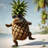 a pineapple turtle wearing sunglasses stands on the beach