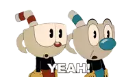 a couple of cartoon characters standing next to each other with the words yeah in white letters