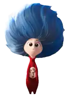a cartoon character with blue hair and a red shirt with the number one on it