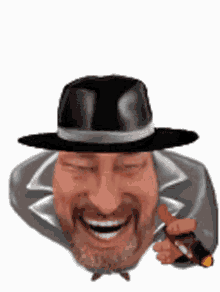 a man wearing a hat and holding a cigar is smiling