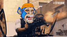 a cartoon of a monkey holding a machine gun with #tribe written on the bottom