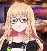 a blonde anime girl with glasses and a necklace