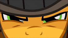 a close up of a cartoon character 's face with a helmet on