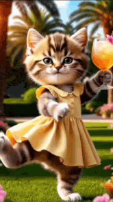 a kitten wearing a yellow dress is holding a glass of orange juice