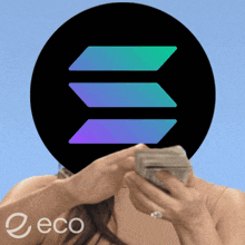 a woman is holding a stack of money in front of a logo for solana