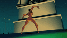 a cartoon drawing of a woman in a bikini standing in front of a building