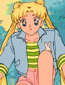a cartoon of a girl wearing a jacket and striped shirt