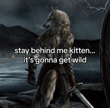 a wolf holding a sword with the words stay behind me kitten ... it 's gonna get wild