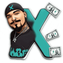 the letter x is surrounded by dollar bills and a man