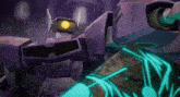a purple robot with a yellow eye and a blue light