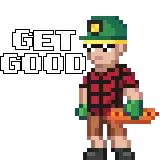 a pixel art illustration of a man holding a skateboard and the words get good behind him .