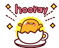 a cartoon of a chicken in a cup with the word hooray written above it