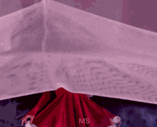 a woman in a red dress is standing under a white cloth with the letters ms visible