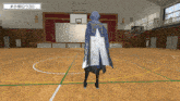 a person in a blue cape stands in a gym with a basketball hoop in the background