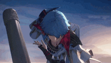 a cartoon character with blue hair is standing next to a microphone