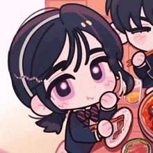 a cartoon girl is sitting at a table with chopsticks in her mouth .