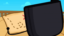 a cartoon drawing of a treasure map and a black object