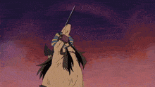 a cartoon character is holding a sword with a purple sky behind him