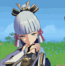 a girl with a samurai hat on her head is standing in a field
