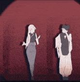 a man and woman are dancing in front of a red wall