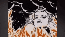 a cartoon drawing of a woman surrounded by flames and clouds