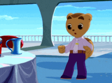 a cartoon of a teddy bear wearing purple pants