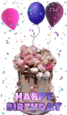 a birthday cake with balloons and confetti says happy birthday