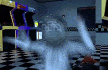 a ghost is dancing in an arcade with a checkered floor and a bunch of arcade games .