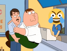 peter griffin is carrying a man in his arms while a woman looks on .