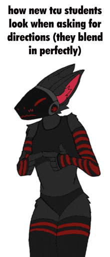 a cartoon drawing of a furry character with the caption how new tcu students look when asking for directions