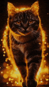 a cat with fire coming out of its ears is walking
