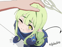 a drawing of a girl with green hair and the name sydus arts on the bottom left